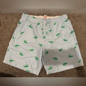 “New” Light Blue Striped Swim Shorts with Green Alligator Print